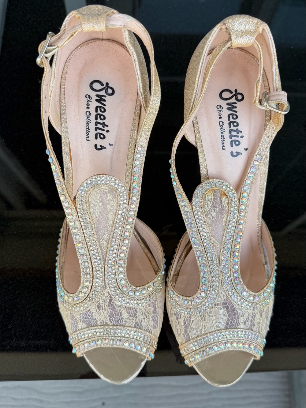 Sweetie's Gold Lace Crystal T-Strap Heels - Gold